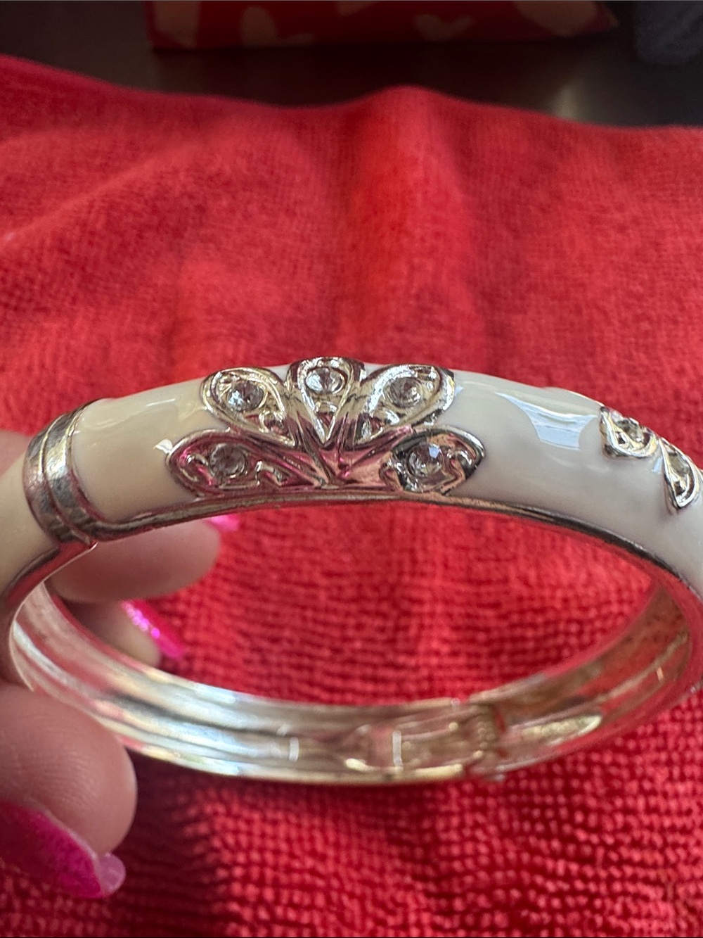 Ivory Enamel and Silver-Tone Crystal Floral Bangle Bracelet